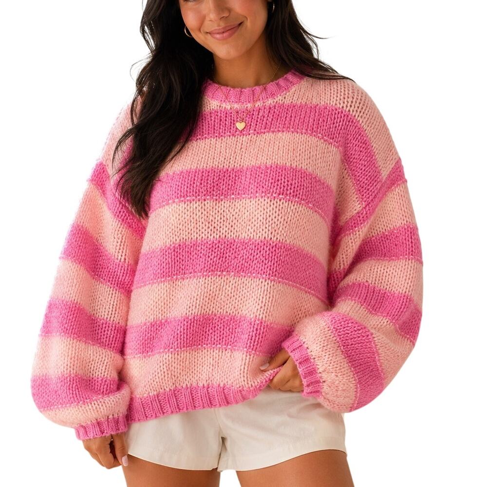 Pink Lily Pink Peach Striped Oversized Sweater Medium Balloon Sleeve Preppy